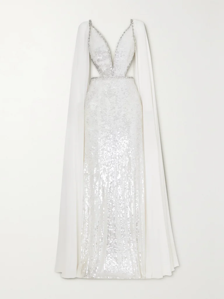 Jenny Packham Cape-effect Embellished Tulle and Chiffon Gown