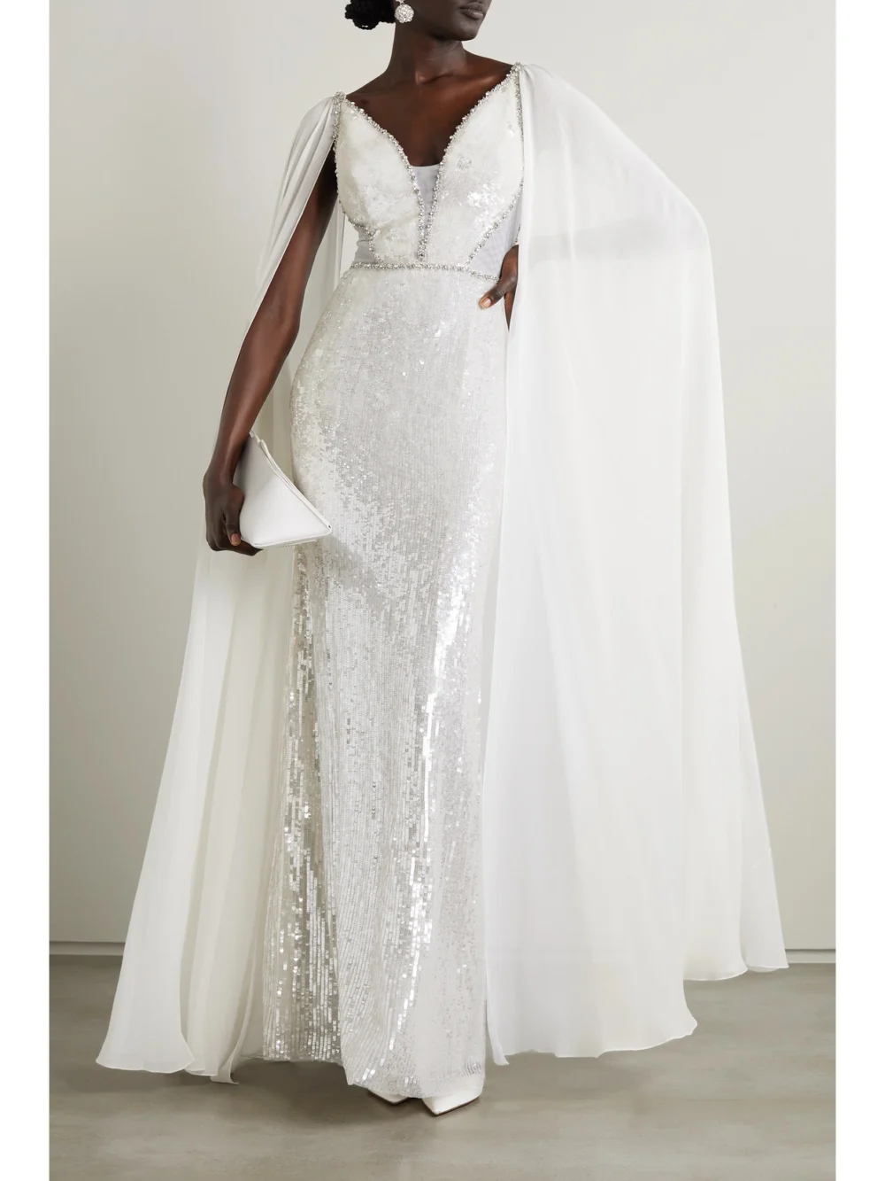 Jenny Packham Cape-effect Embellished Tulle and Chiffon Gown, worn by a model