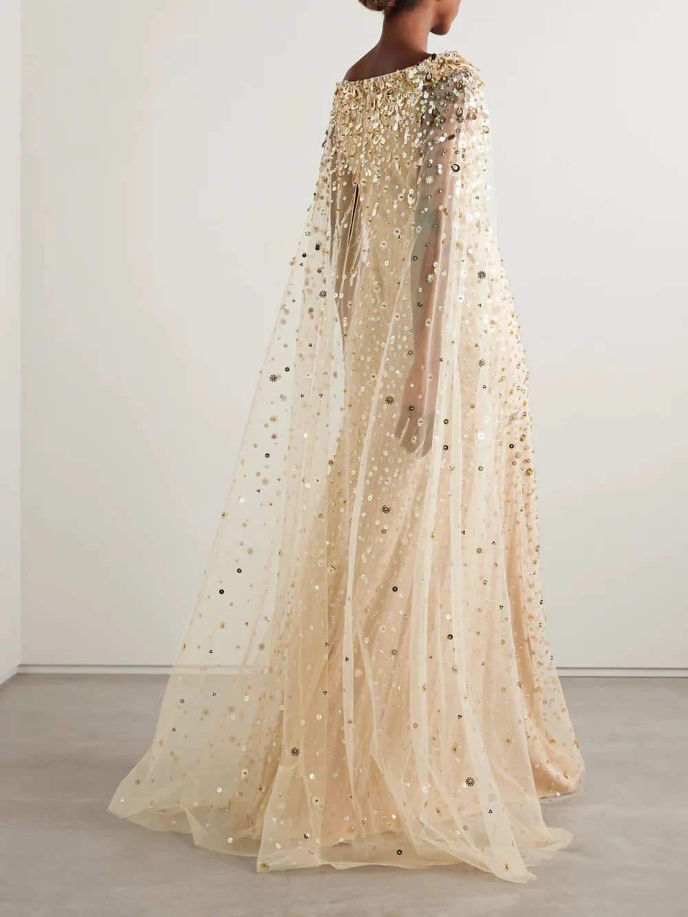 Back view of the Jenny Packham Cape-effect Embellished Tulle Gown