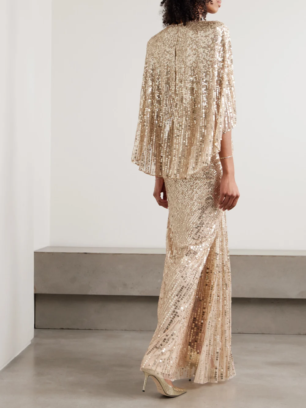Back view of the Jenny Packham Carrie Cape-effect Draped Sequined Chiffon Gown