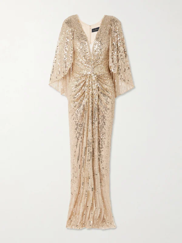 Jenny Packham Carrie Cape-effect Draped Sequined Chiffon Gown