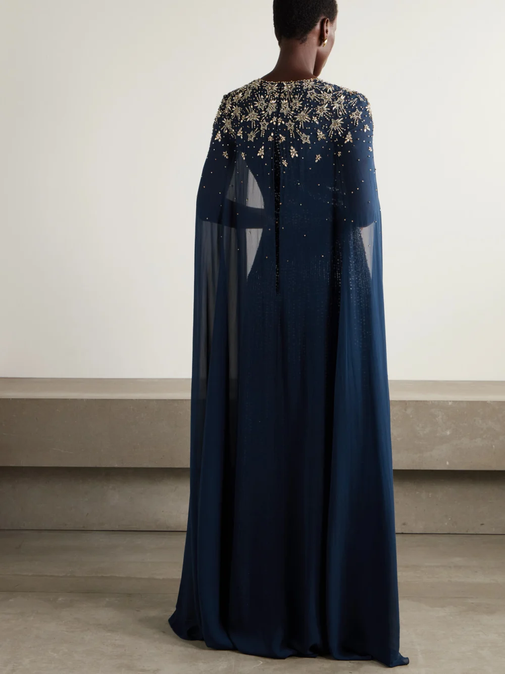 Back view of the Jenny Packham Celeste Cape-effect Embellished Tulle Gown