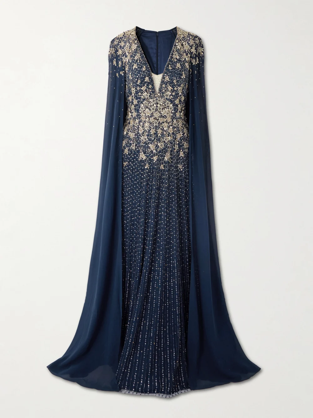 Jenny Packham Celeste Cape-effect Embellished Tulle Gown in navy