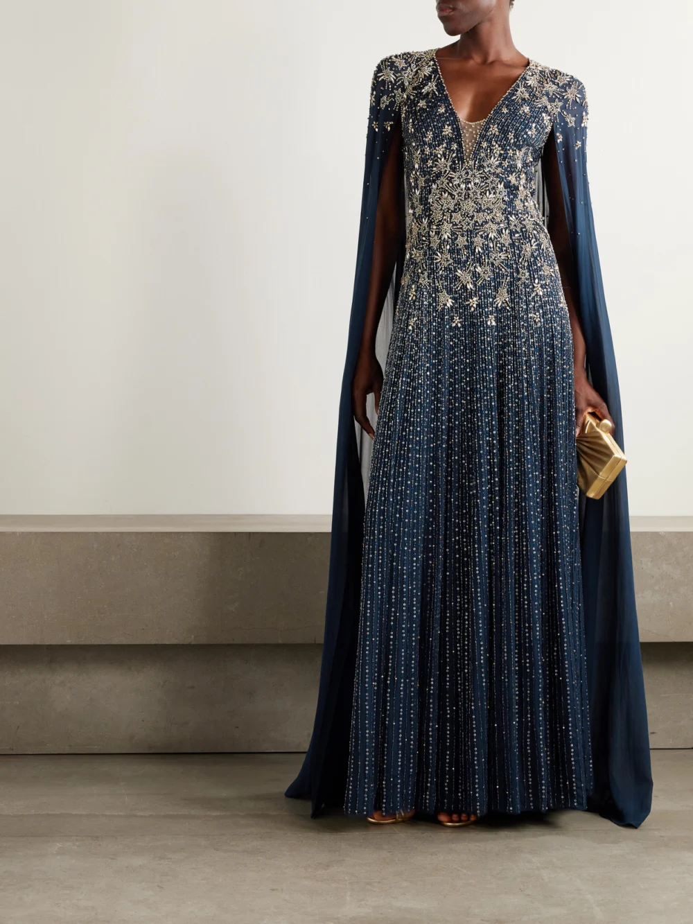 Jenny Packham Celeste Cape-effect Embellished Tulle Gown, worn by a model