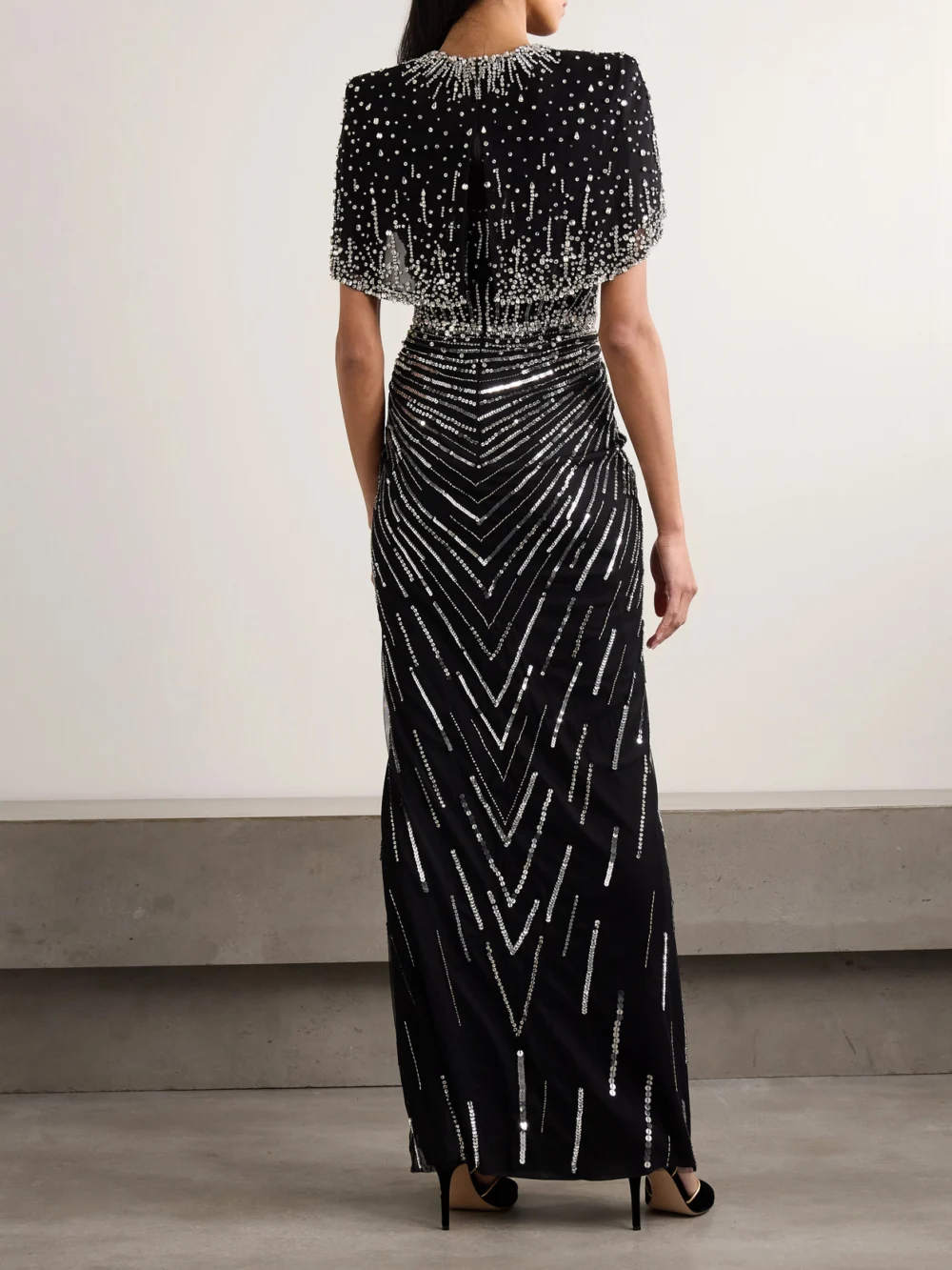 Back view of the Jenny Packham Dido Cape-effect Embellished Draped Tulle Gown