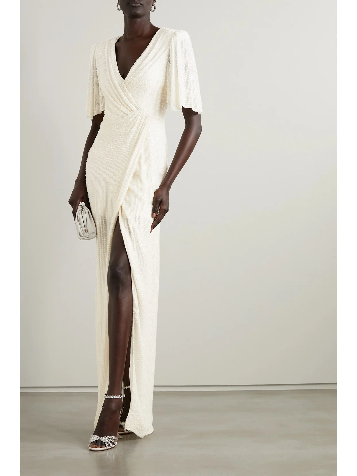 Jenny Packham Draped Wrap-effect Embellished Chiffon Gown, worn by a model