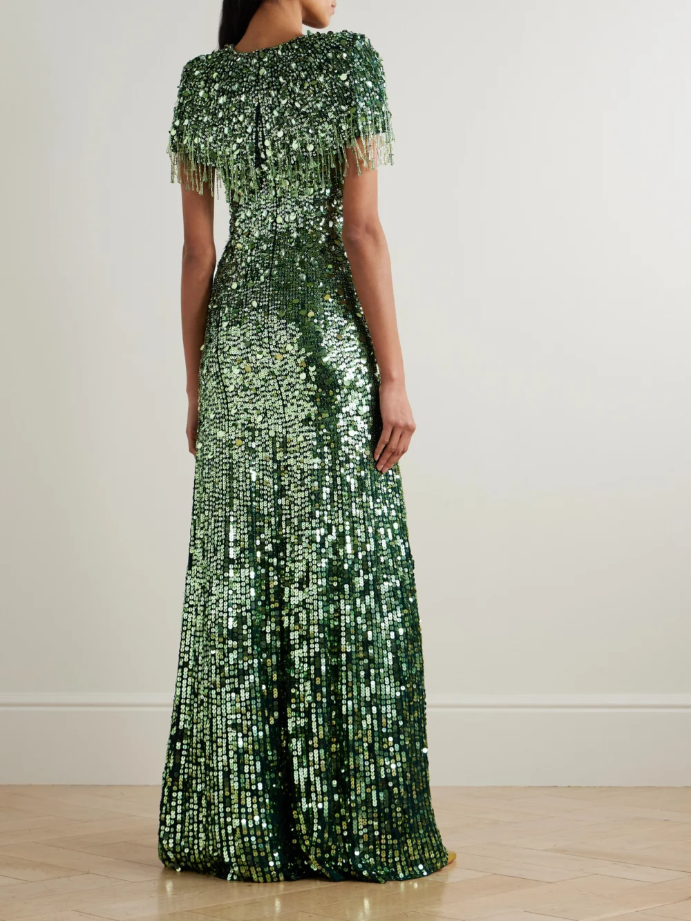 Back view of the Jenny Packham Eugenie Fringed Cape-effect Embellished Satin Gown