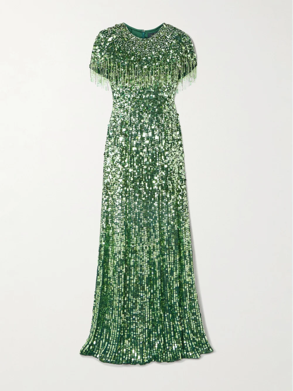 Jenny Packham Eugenie Fringed Cape-effect Embellished Satin Gown in green
