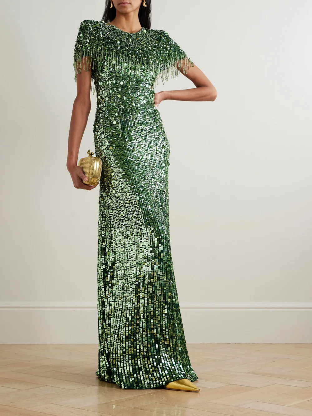 Jenny Packham Eugenie Fringed Cape-effect Embellished Satin Gown, worn by a model