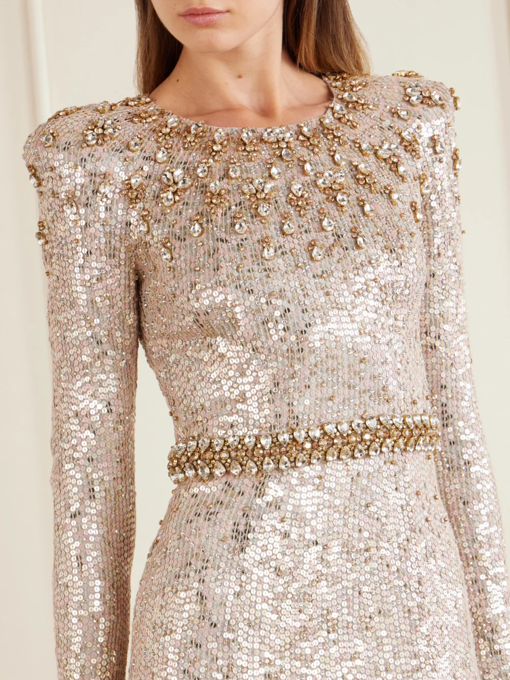 Close-up detail of the Jenny Packham Georgia Sequined Satin Gown