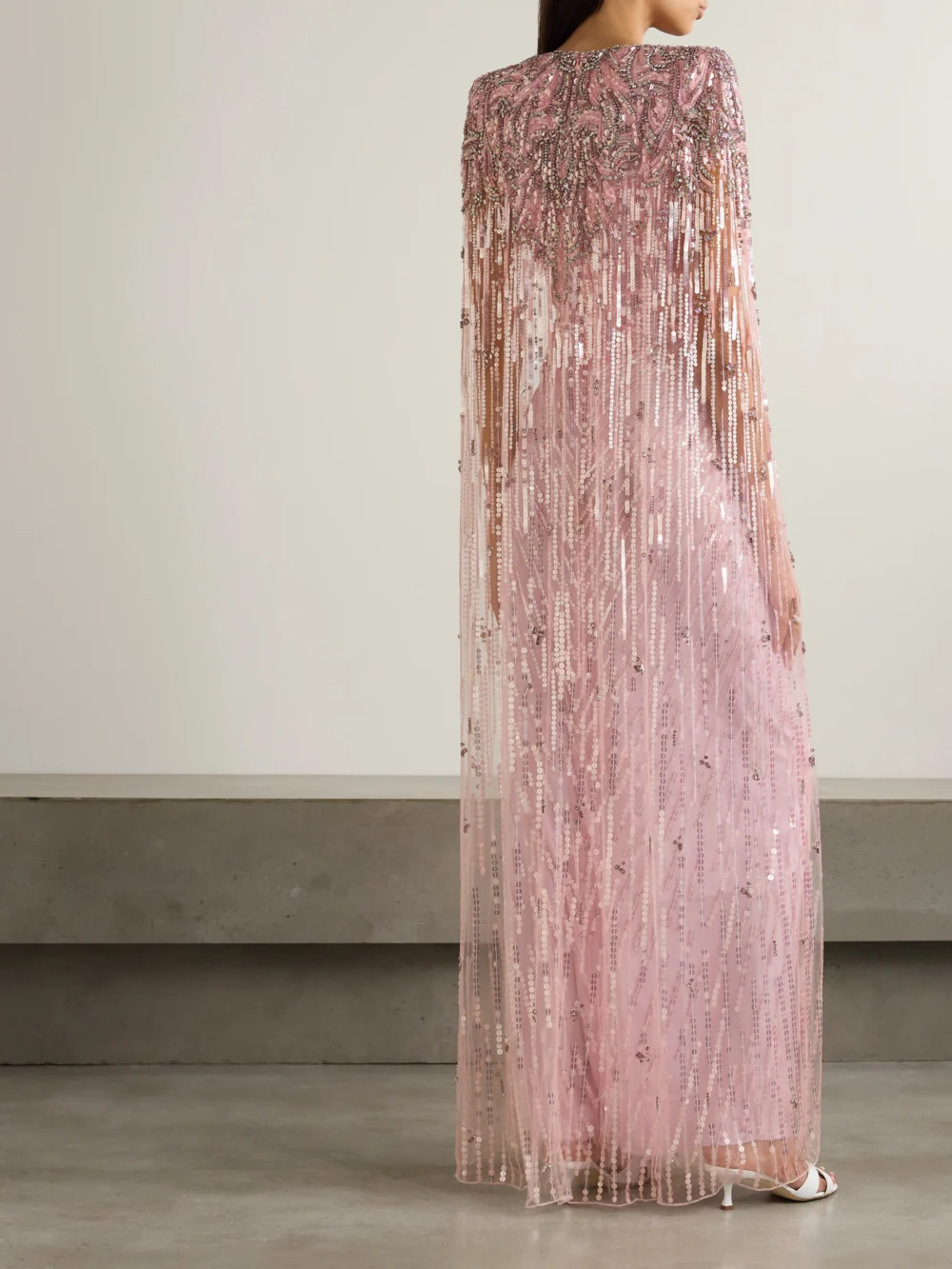 Back view of the Jenny Packham Gold Rush Embellished Cape-effect Tulle Gown