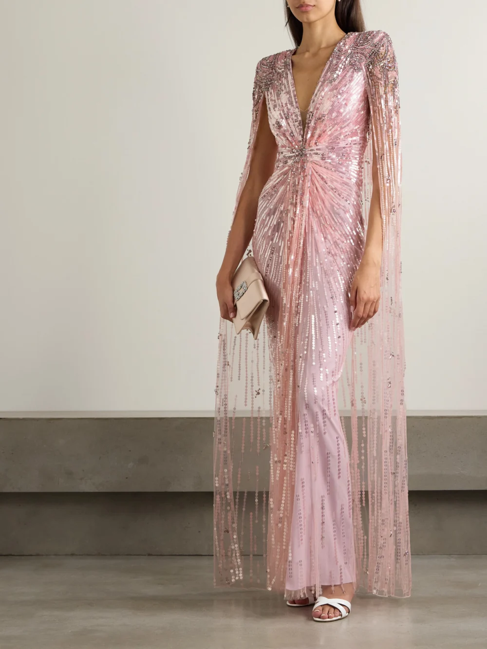 Jenny Packham Gold Rush Embellished Cape-effect Tulle Gown, worn by a model