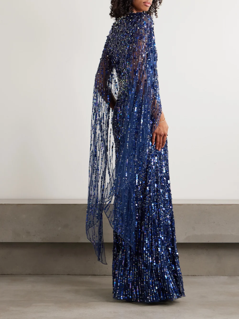 Back view of the Jenny Packham Honey Dew Cape-effect Embellished Tulle Gown