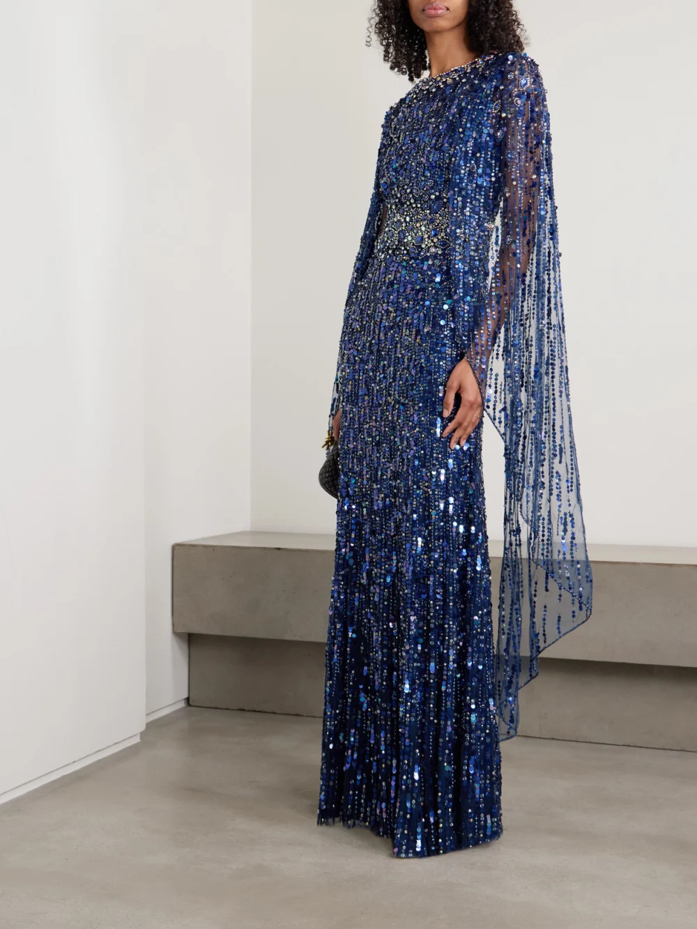 Jenny Packham Honey Dew Cape-effect Embellished Tulle Gown, worn by a model