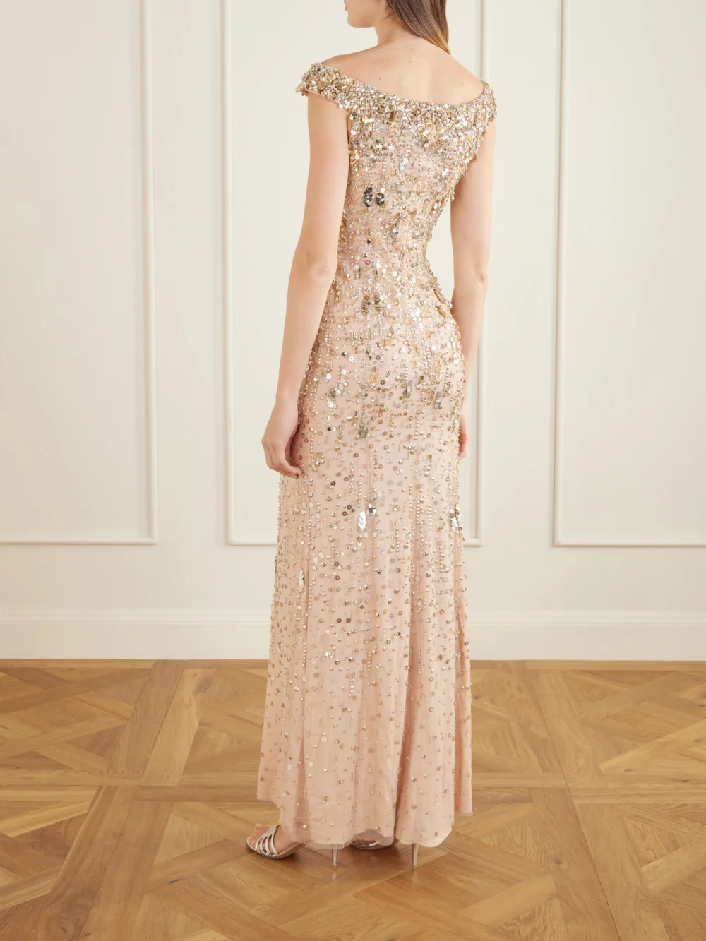Back view of the Jenny Packham Jessie Off-the-shoulder Embellished Tulle Gown