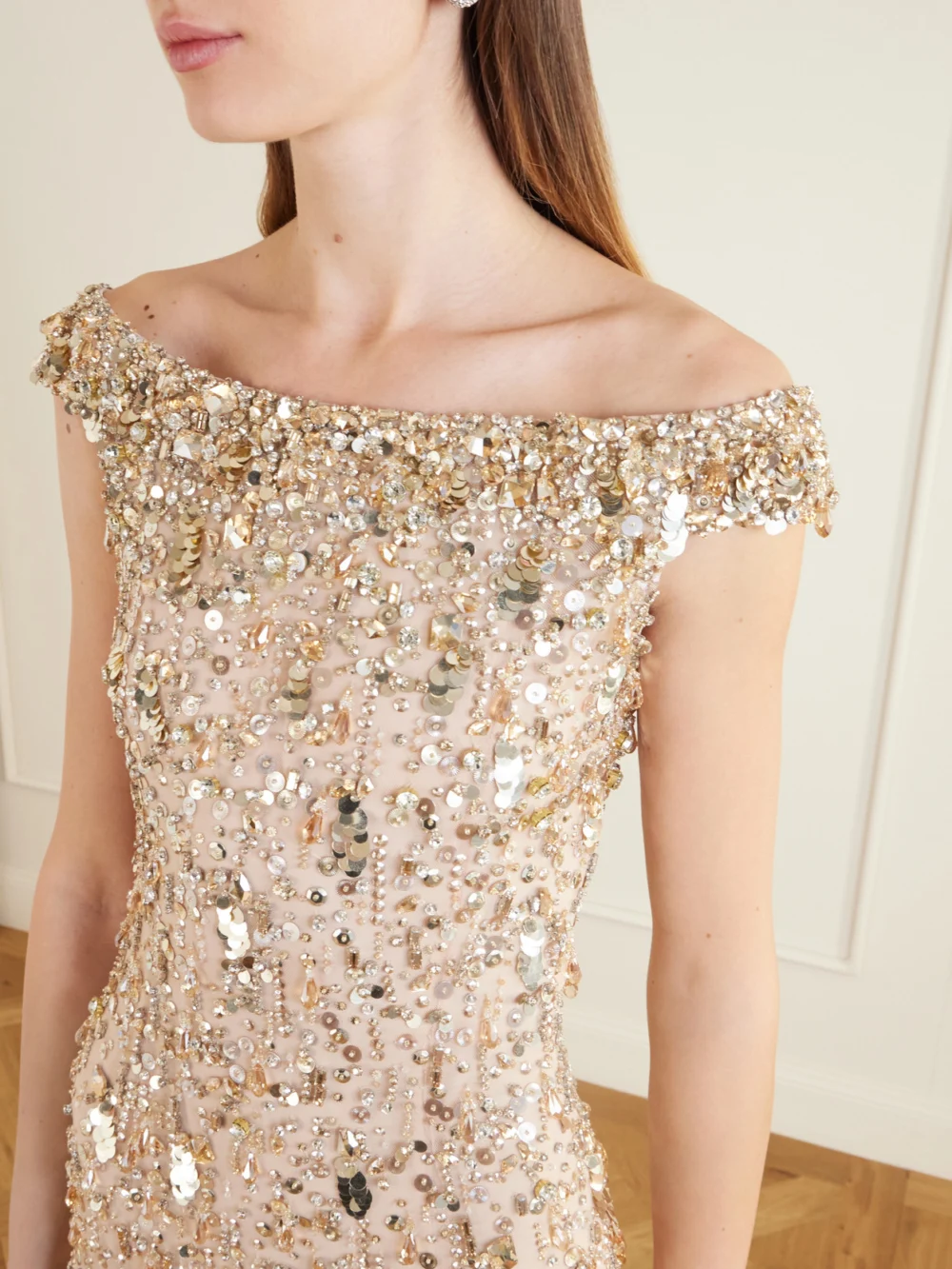 Close-up detail of the Jenny Packham Jessie Off-the-shoulder Embellished Tulle Gown