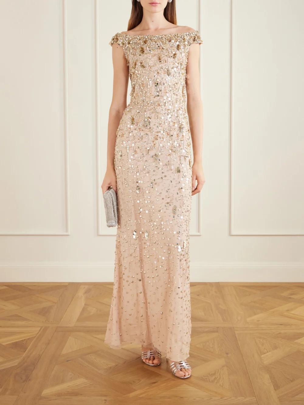 Jenny Packham Jessie Off-the-shoulder Embellished Tulle Gown, worn by a model