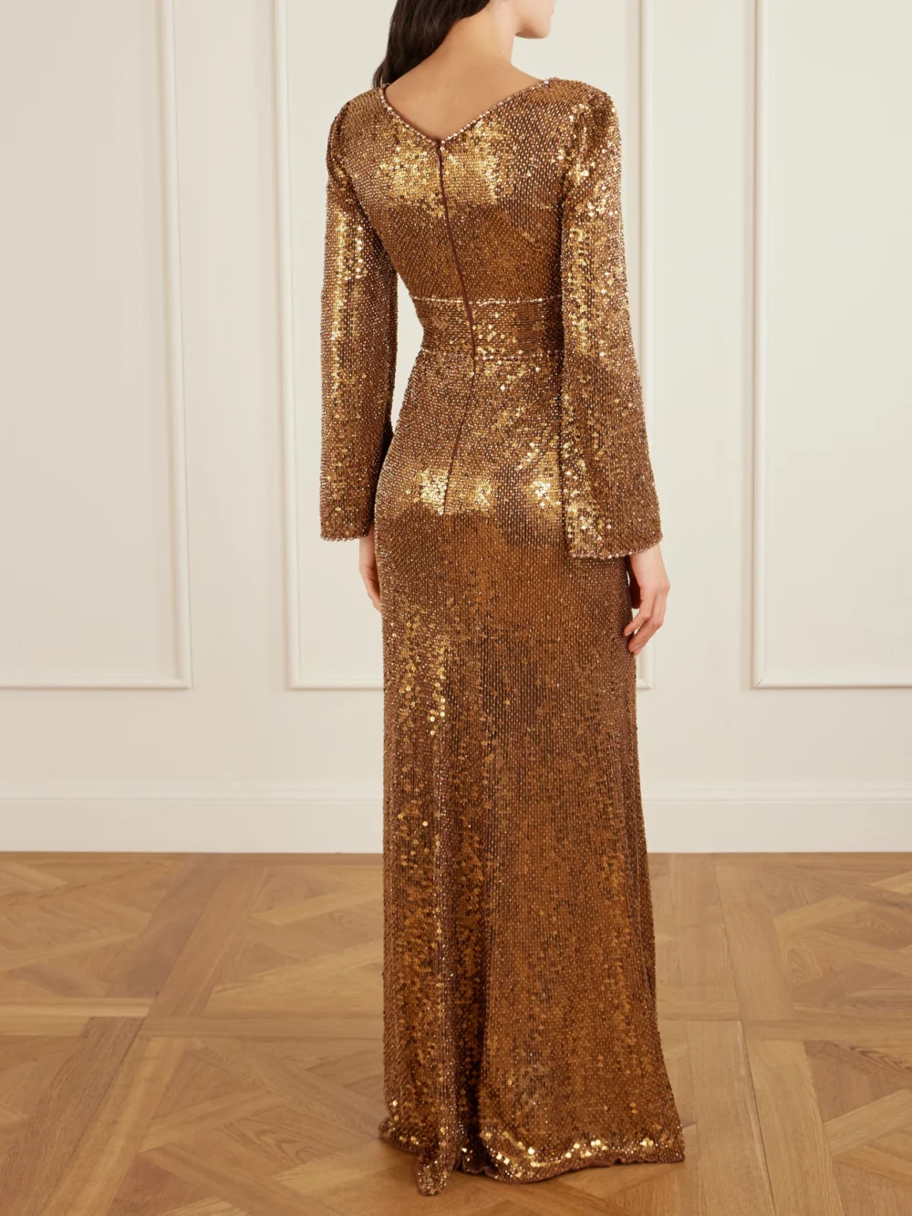 Back view of the Jenny Packham June Embellished Sequined Mesh Gown