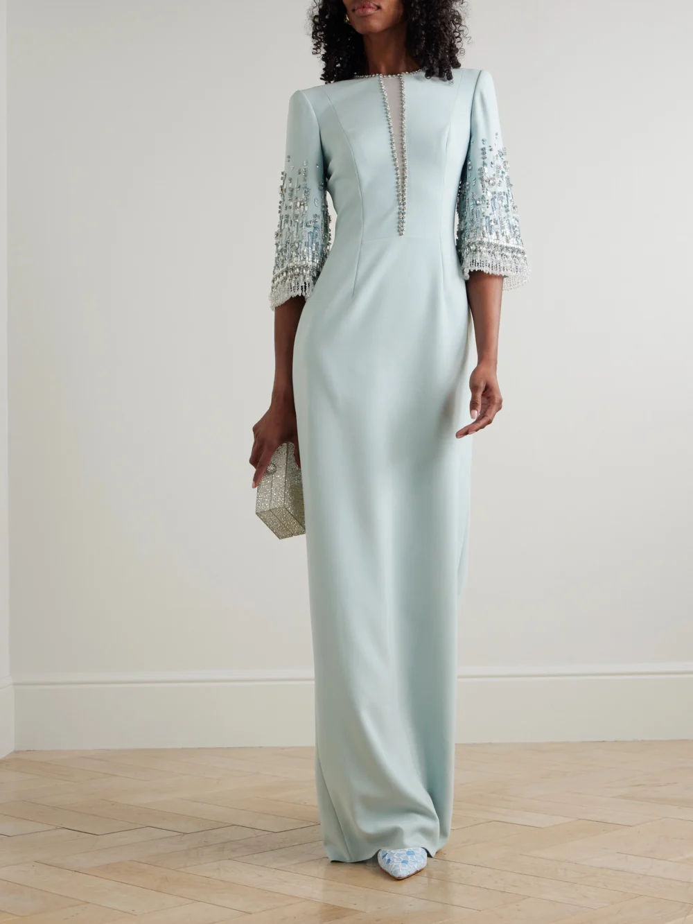 Jenny Packham Kalani Embellished Tulle-trimmed Cady Gown, worn by a model