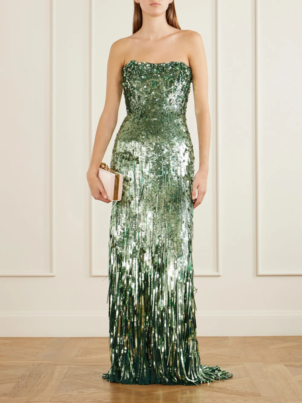 Jenny Packham Kimi Frayed Sequined Tulle Gown, worn by a model