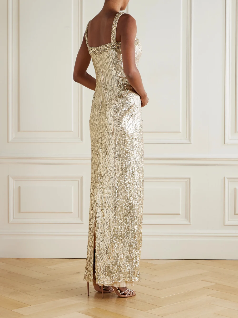 Back view of the Jenny Packham Lettie Crystal-embellished Sequined Tulle Gown