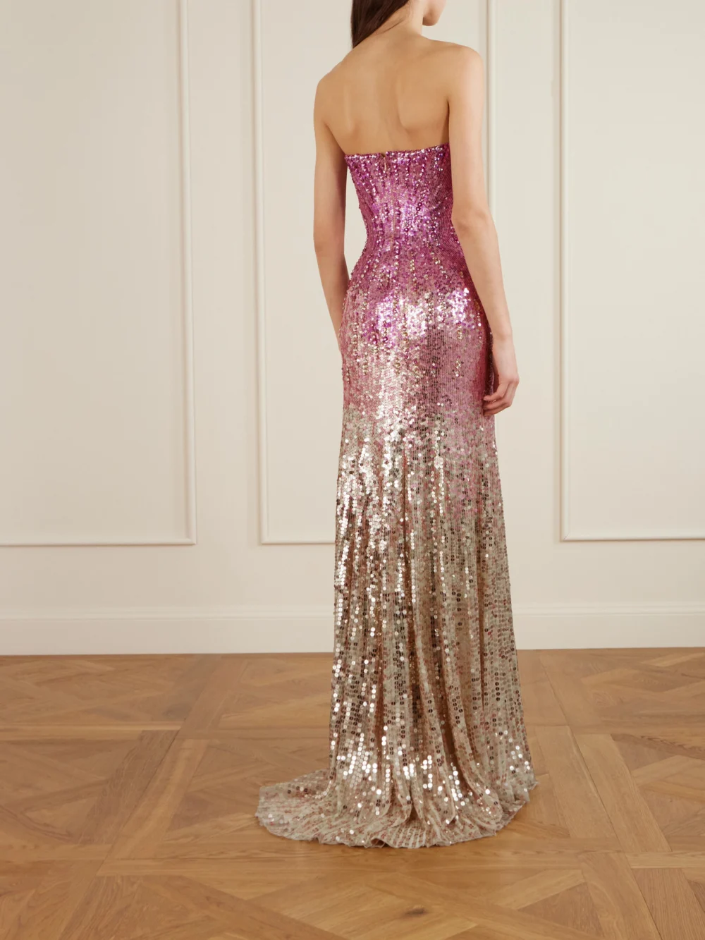Back view of the Jenny Packham Lior Strapless Ombré Sequined Chiffon Gown
