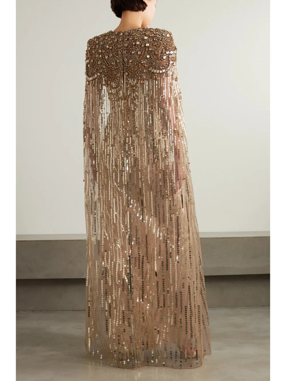 Back view of the Jenny Packham Lotus Cape-effect Embellished Sequined Tulle Gown