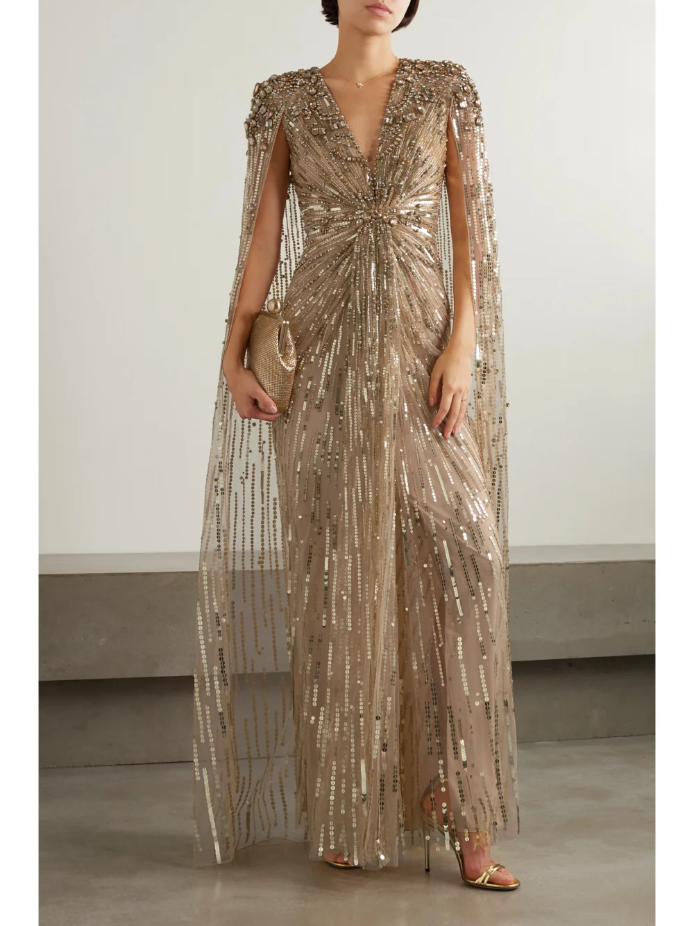 Jenny Packham Lotus Cape-effect Embellished Sequined Tulle Gown, worn by a model