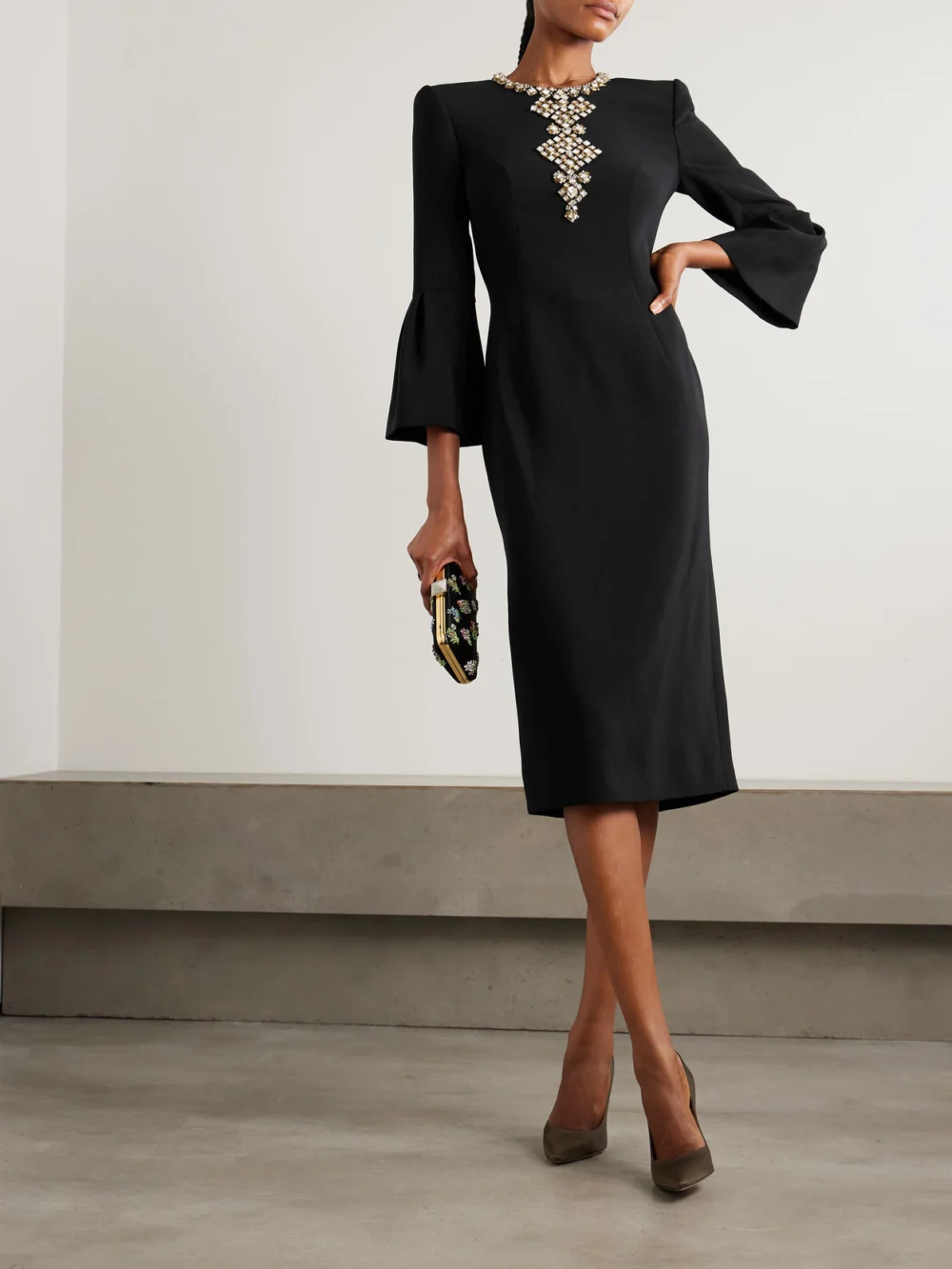 Jenny Packham Margot Crystal-embellished Ruffled Stretch-crepe Midi Dress, worn by a model