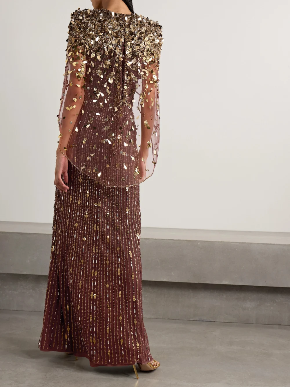Back view of the Jenny Packham Nettie Cape-effect Embellished Sequined Tulle Gown