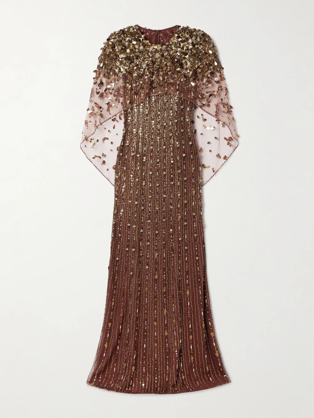 Jenny Packham Nettie Cape-effect Embellished Sequined Tulle Gown in bronze
