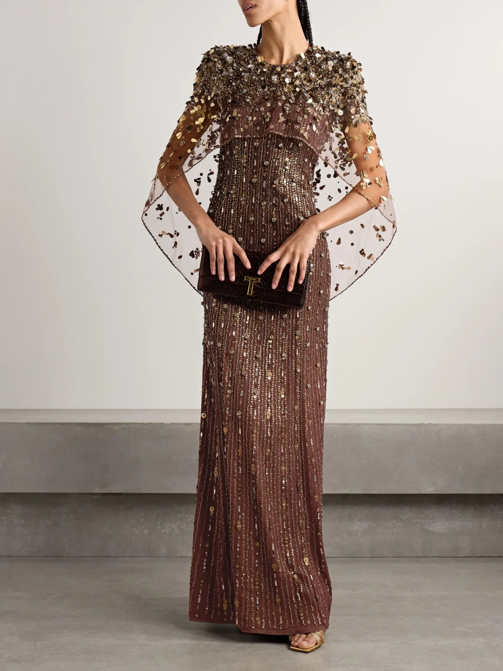 Jenny Packham Nettie Cape-effect Embellished Sequined Tulle Gown, worn by a model