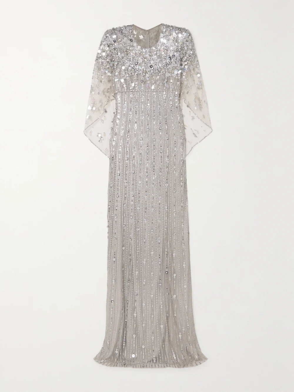 Jenny Packham Nettie Cape-effect Embellished Sequined Tulle Gown in platinum