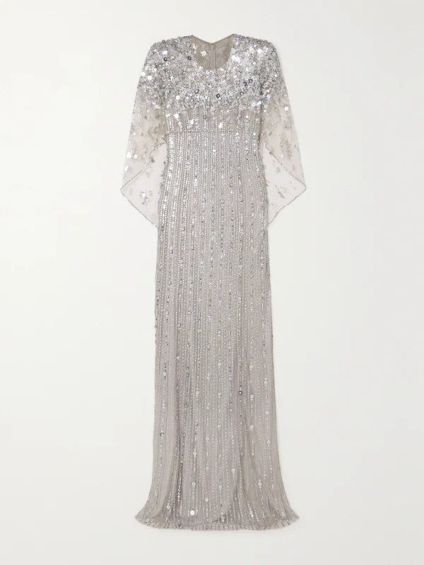 Jenny Packham Nettie Cape-effect Embellished Sequined Tulle Gown