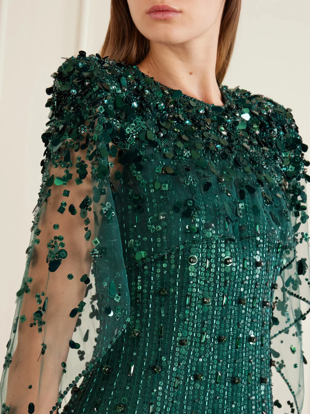 Close-up detail of the Jenny Packham Nettie Embellished Sequined Tulle Gown