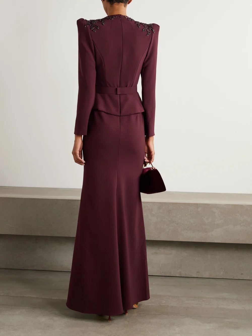 Back view of the Jenny Packham Night Flowering Embellished Stretch-crepe Gown