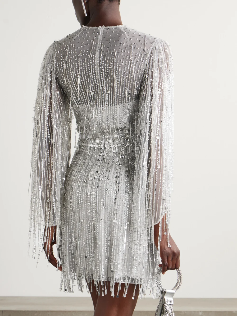 Back view of the Jenny Packham Oberon Ammonite Embellished Fringed Organza Mini Dress