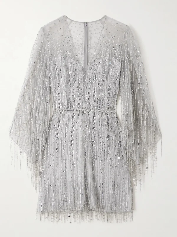 Jenny Packham Oberon Ammonite Embellished Fringed Organza Mini Dress