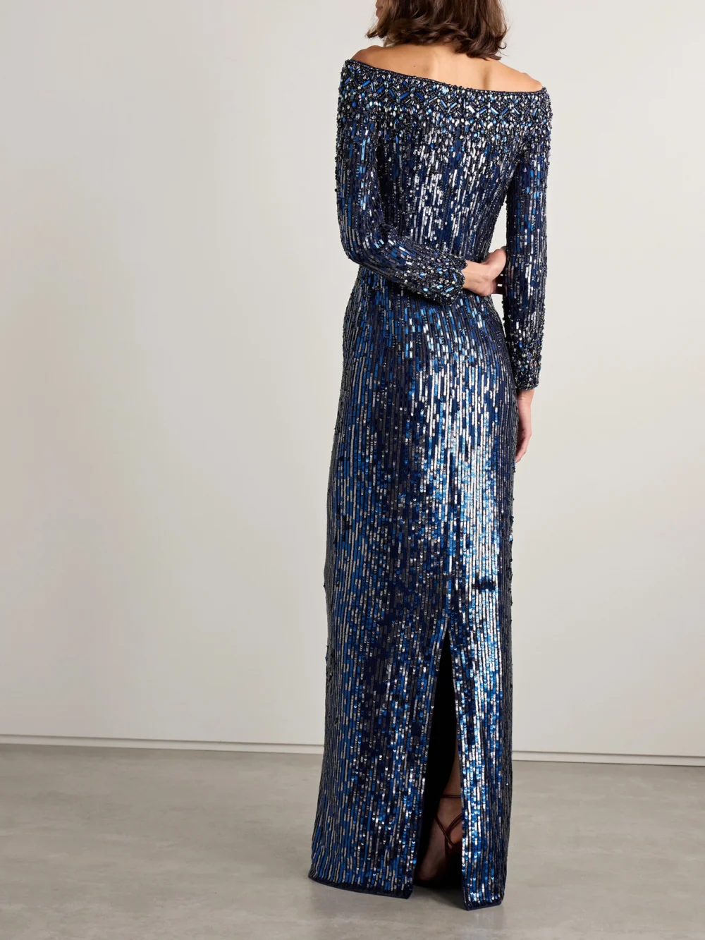Back view of the Jenny Packham Off-the-shoulder Crystal and Sequin-embellished Tulle Gown