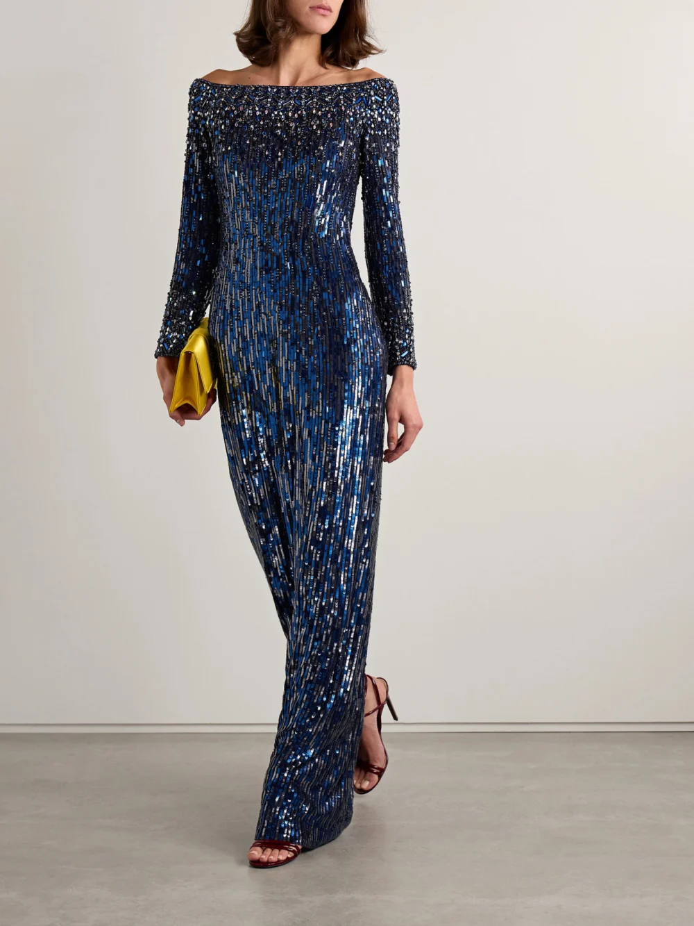 Jenny Packham Off-the-shoulder Crystal and Sequin-embellished Tulle Gown, worn by a model