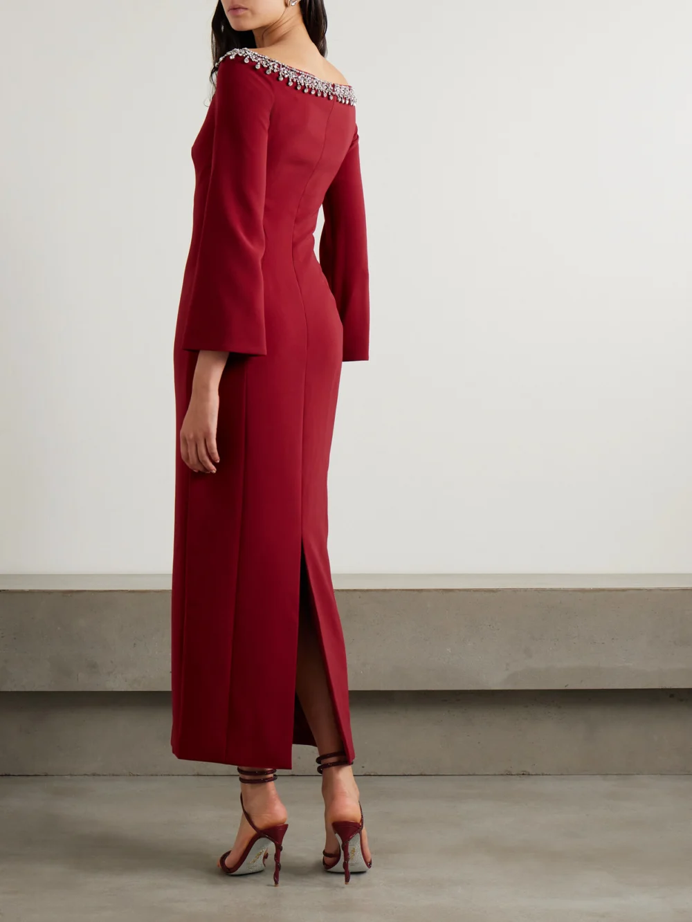 Back view of the Jenny Packham Off-the-shoulder Embellished Cady Midi Dress