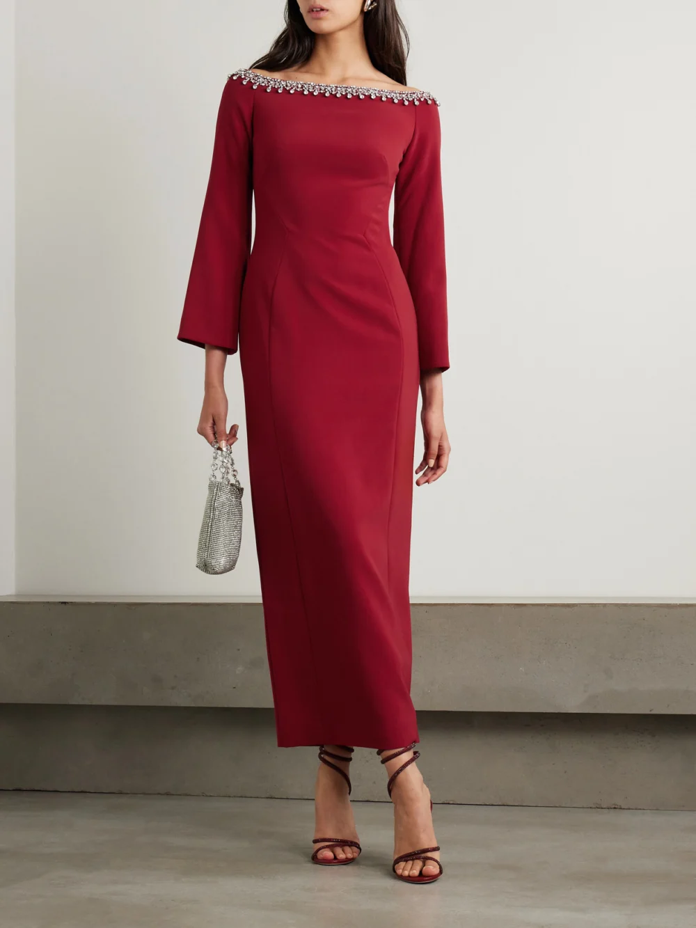 Jenny Packham Off-the-shoulder Embellished Cady Midi Dress, worn by a model