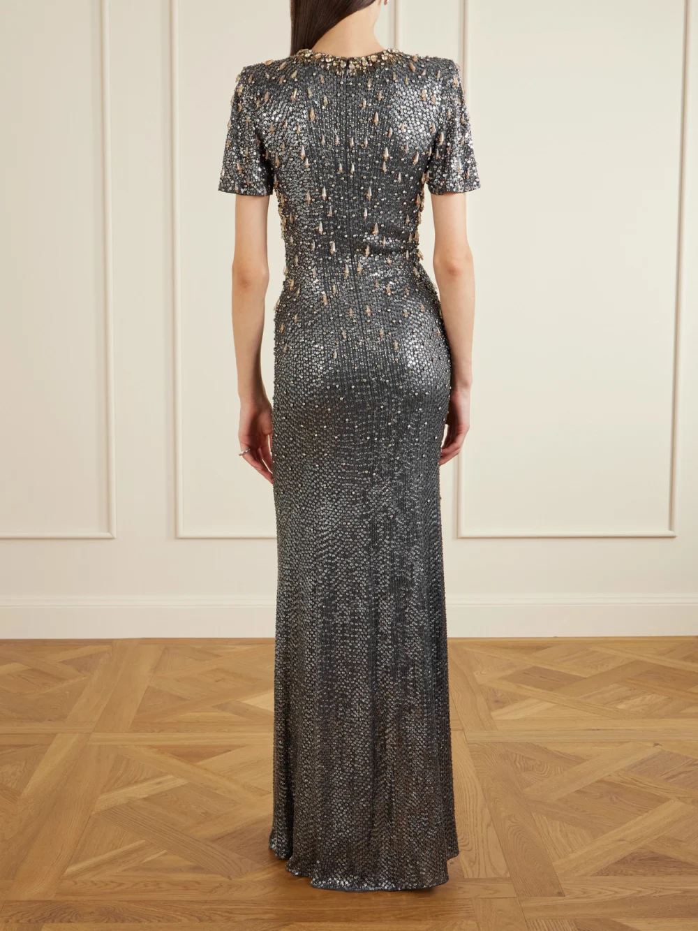 Back view of the Jenny Packham Serenity Crystal-embellished Sequined Crepe Gown