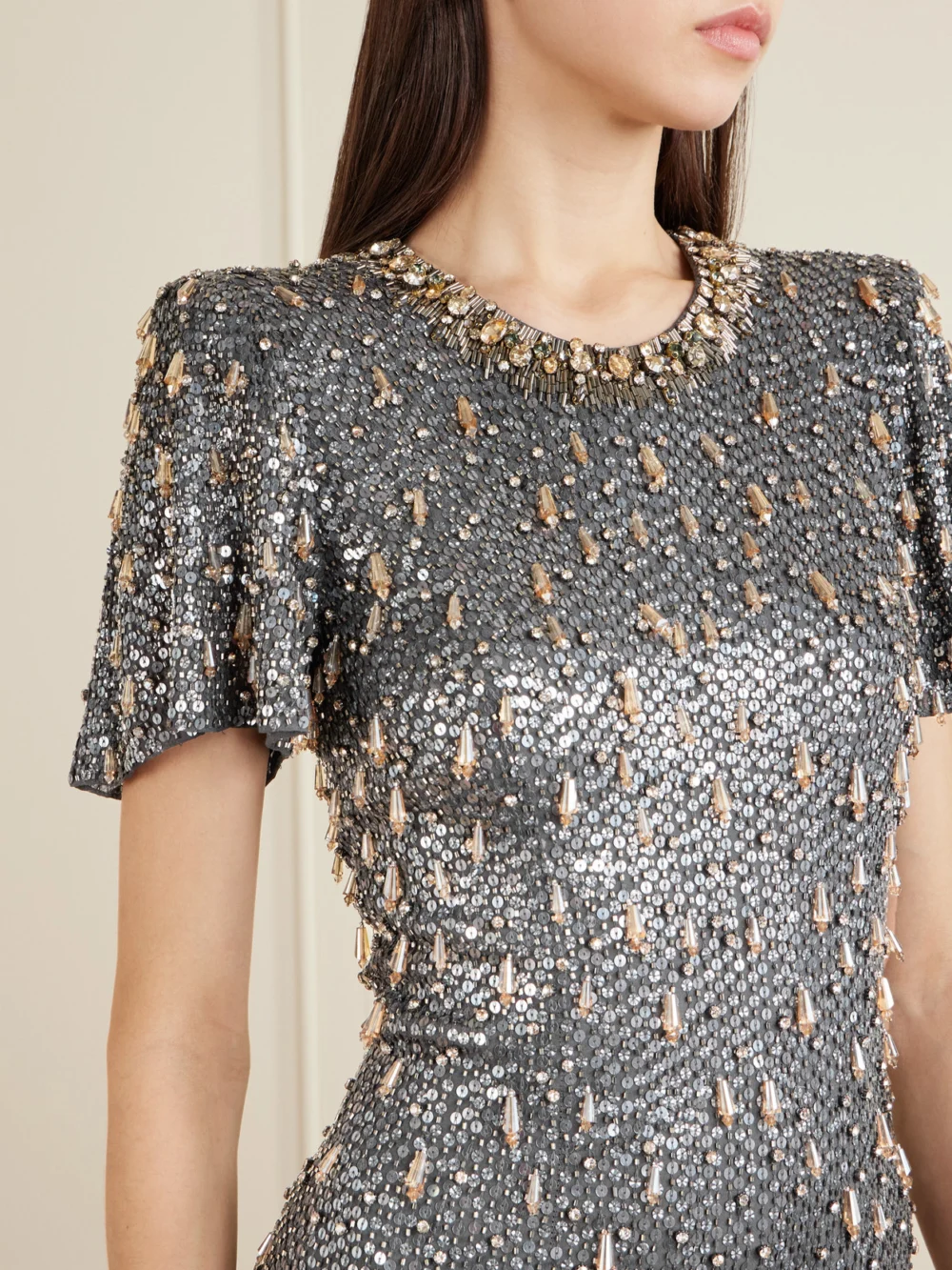 Close-up detail of the Jenny Packham Serenity Crystal-embellished Sequined Crepe Gown