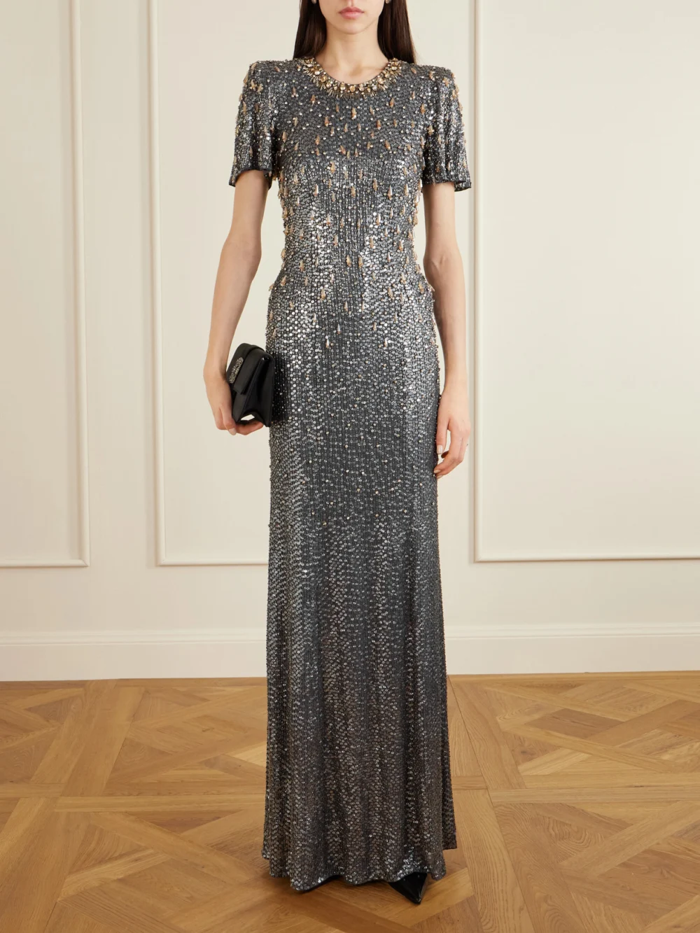 Jenny Packham Serenity Crystal-embellished Sequined Crepe Gown, worn by a model