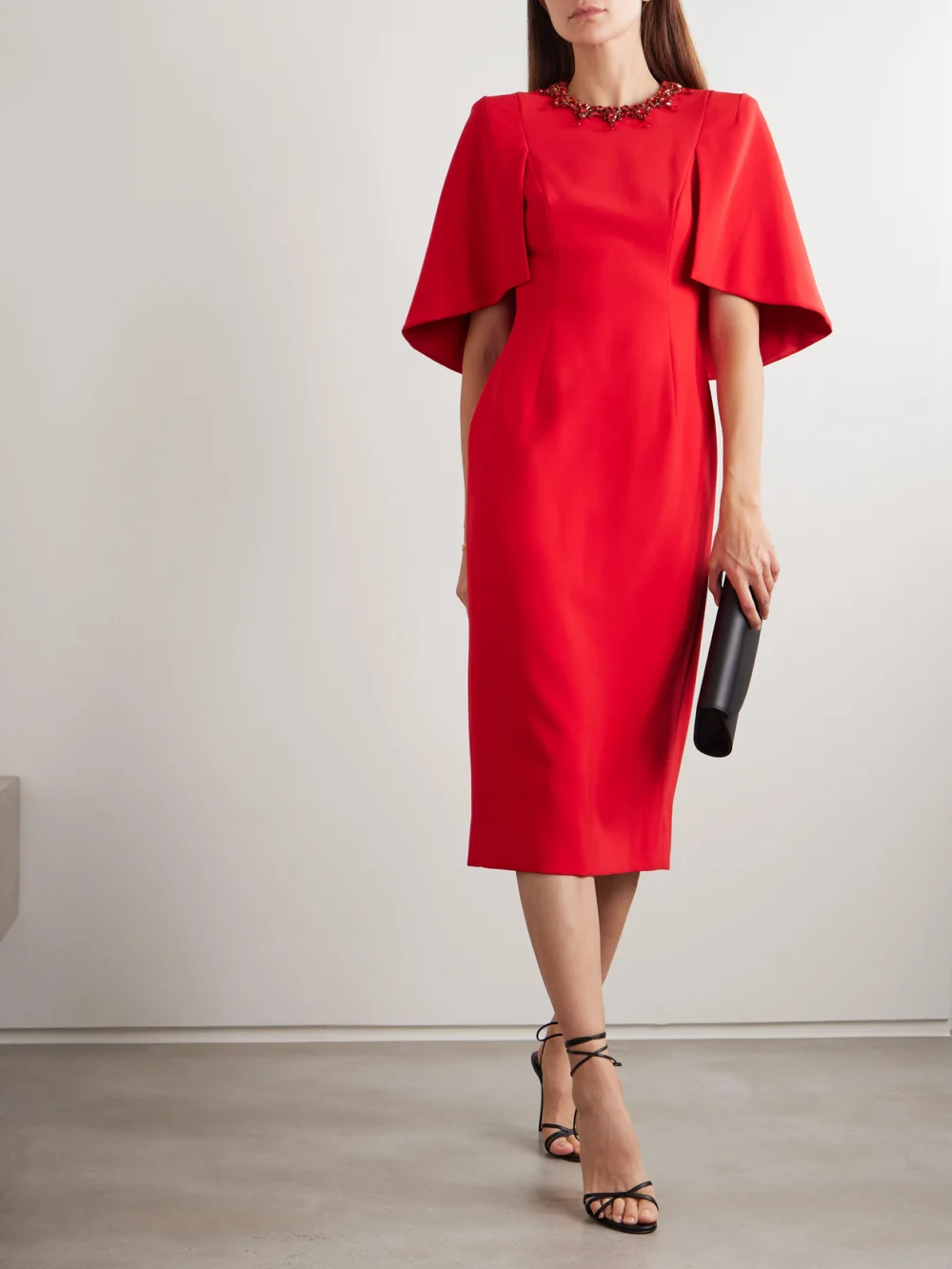 Jenny Packham Ursa Cape-effect Crystal-embellished Crepe Midi Dress, worn by a model