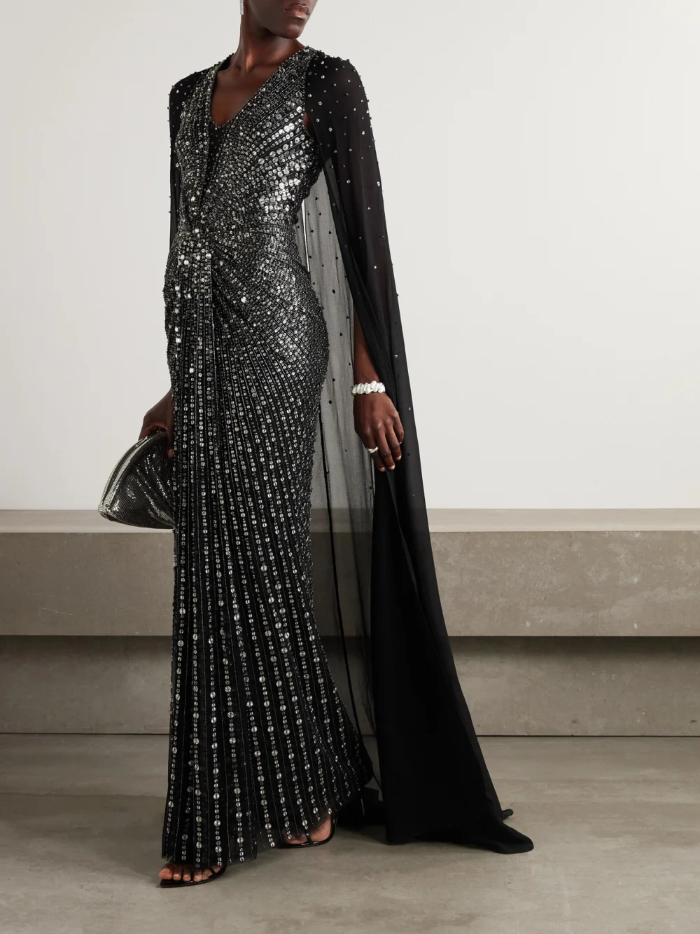 Jenny Packham Zenith Cape-effect Embellished Chiffon Gown, worn by a model