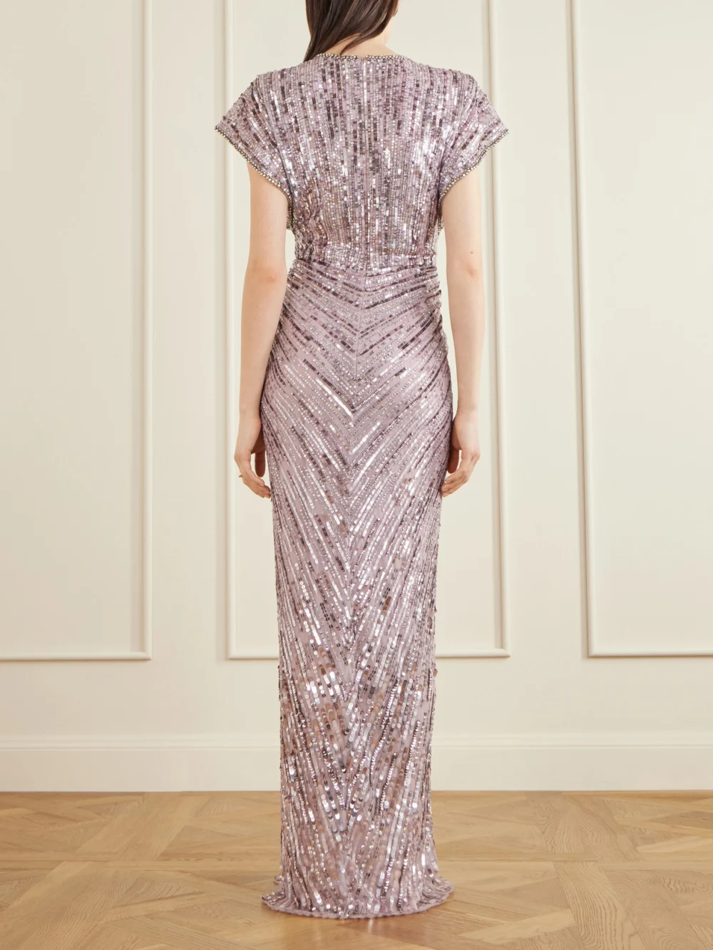Back view of the Jenny Packham Zola Twisted Crystal-embellished Sequined Tulle Gown