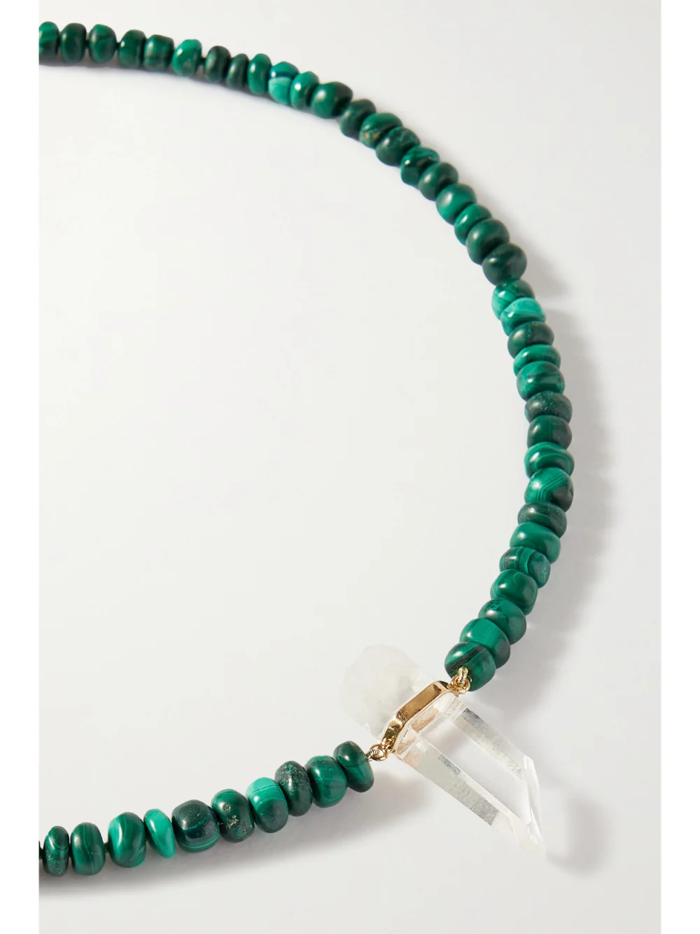 Close-up detail of the Jia Jia Gold, Malachite and Quartz Necklace