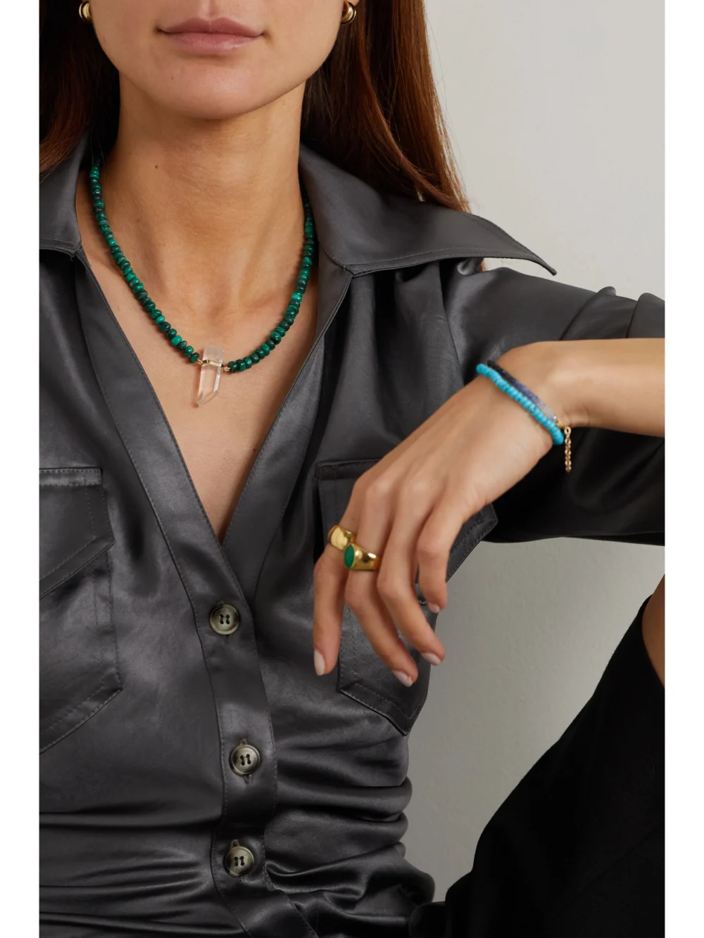 Jia Jia Gold, Malachite and Quartz Necklace, styled view